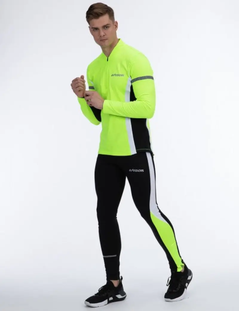Airtracks Herren Thermo Funktions Laufset Laufhose Tight Lang + Thermo Funktions Laufshirt Langarm - Schwarz-Neon 1