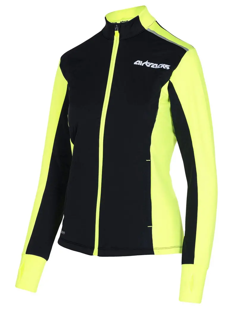 Damen Winter Fleece Laufshirt Langarm Thermo Running Sweatshirt Pro Line Schwarz Neon 5
