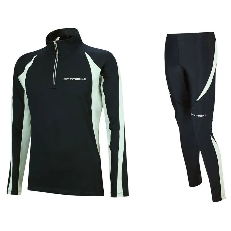 Damen Winter Fleece Thermolaufset (2-Tlg.) Pro Laufshirt Langarm + Laufhose Lang Schwarz Grau 1