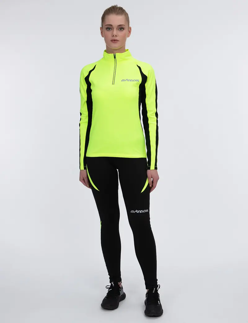 Damen Winter Fleece Thermolaufset (2-Tlg.) Pro Laufshirt Langarm + Laufhose Lang Schwarz Neon 1