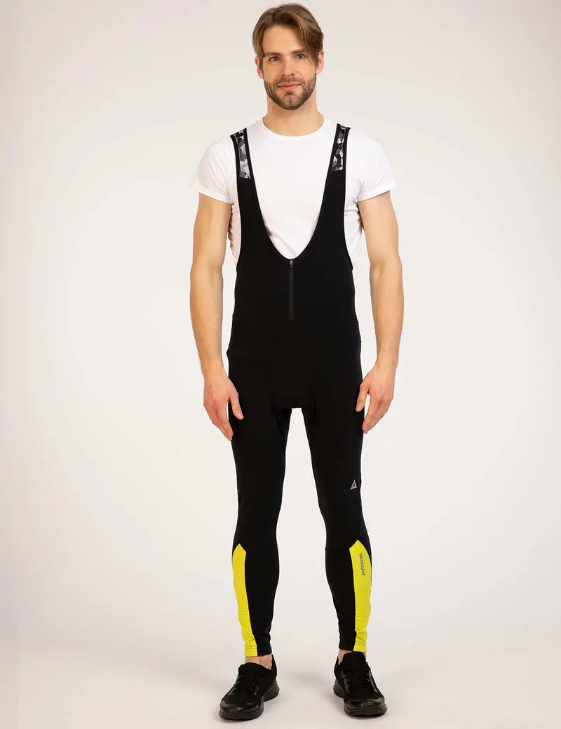 Herren Thermo Fahrradhose Lang Trägerhose Pro Team Schwarz-Neon-Weiß Setprodukt 1