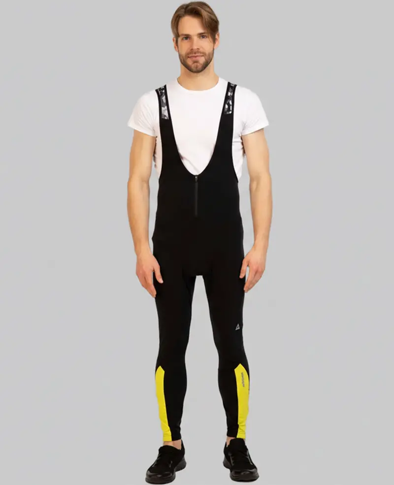 Herren Winter Fahrradhose Lang Mit Trägern Pro Team - Fleece Thermoradhose Schwarz-Neon 1