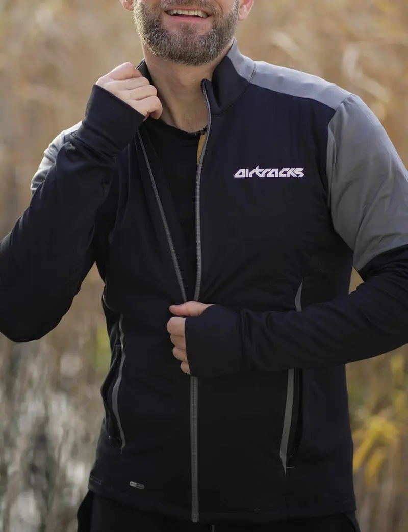 Herren Winter Fleece Laufshirt Langarm Thermo Running Sweatshirt Pro Line Schwarz Grau 5
