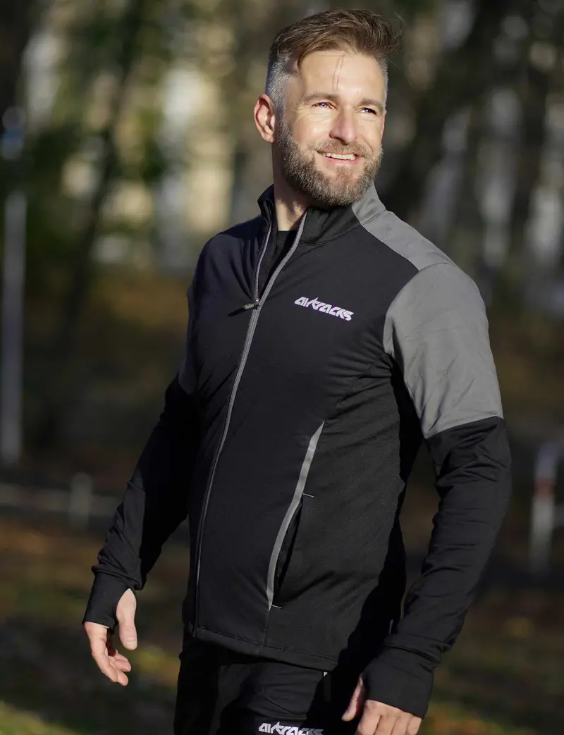 Herren Winter Fleece Laufshirt Langarm Thermo Running Sweatshirt Pro Line Schwarz-Grau Setprodukt 1
