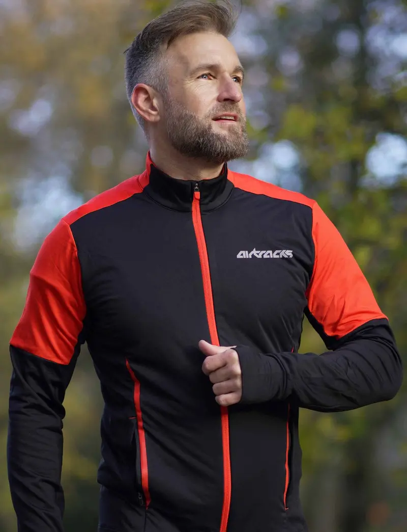 Herren Winter Fleece Laufshirt Langarm Thermo Running Sweatshirt Pro Line Schwarz Rot 1