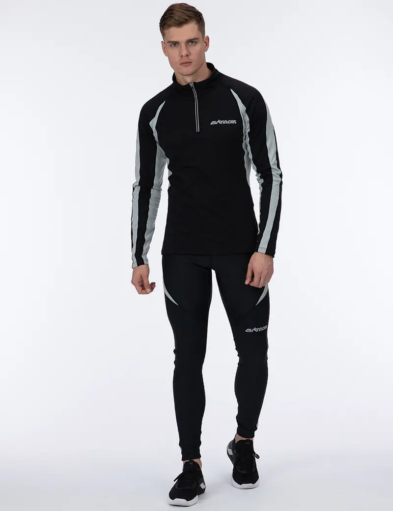 Herren Winter Fleece Thermolaufset (2-Tlg.) Pro Laufshirt Langarm + Laufhose Lang Schwarz Grau 1
