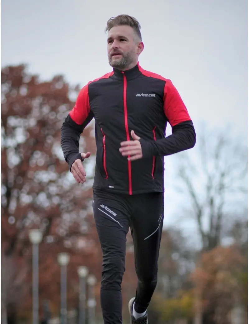 Herren Winter Thermolaufset Pro Line Laufshirt Langarm + Laufhose Lang Schwarz Rot 1