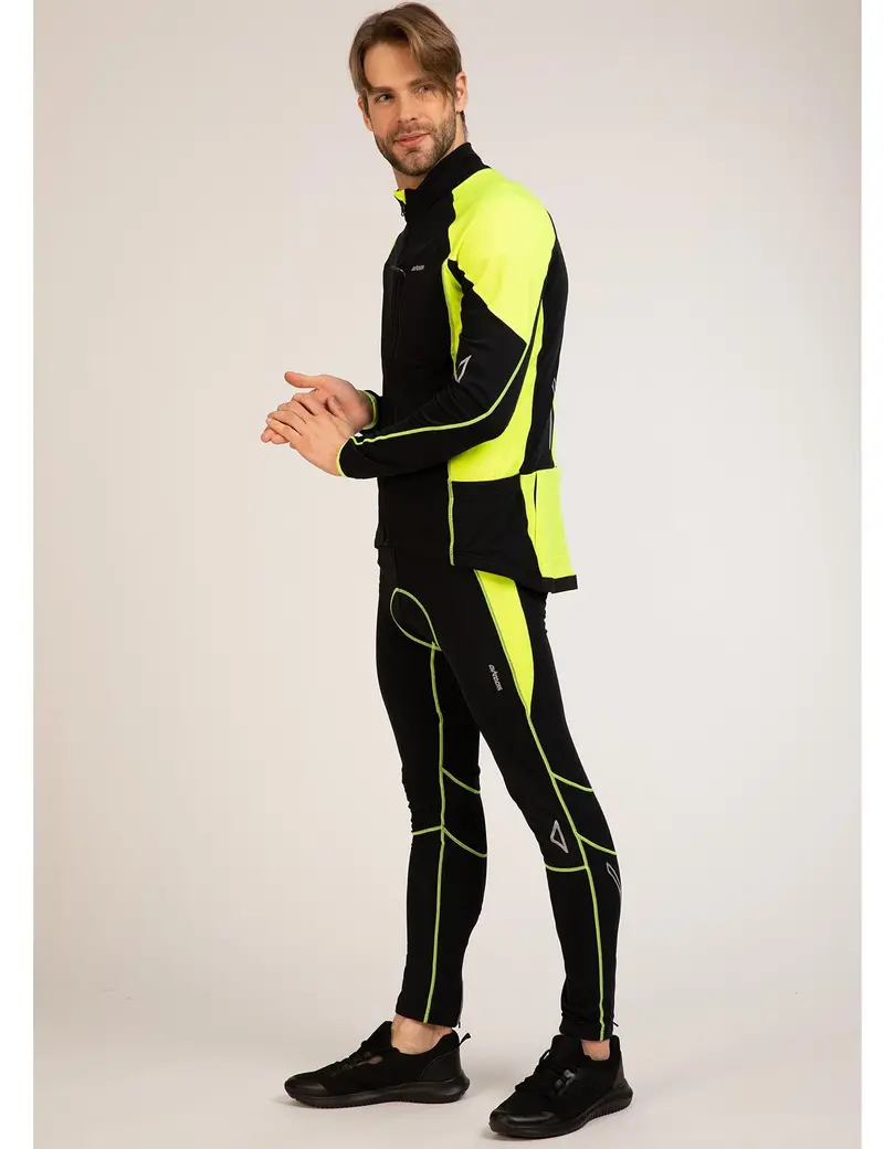 Herren Winter Thermoradtrikot Set (2-Tlg.) Pro-T Fahrradtrikot Langarm+Fahrradhose Lang Schwarz Neon 1