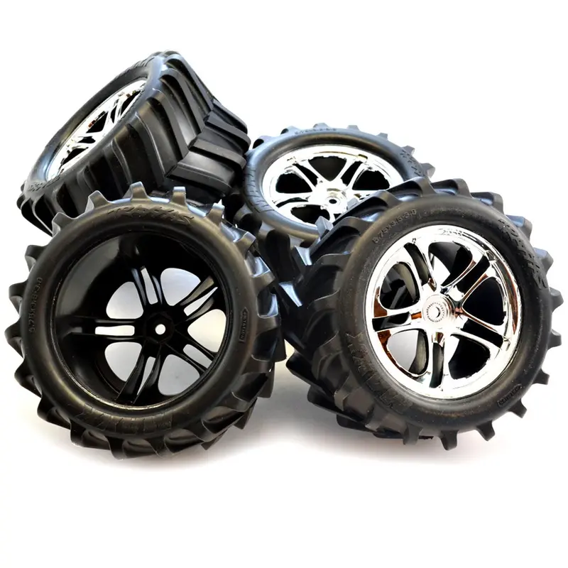 Traxxas 1/10 E-Maxx 4 Chevron Tires & Ss Chrome Wheels 1