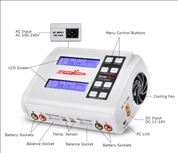 Ultra Power Ac/Dc Duo Dual Port 200W Charger, Multi Chem, Uptup200duo 1