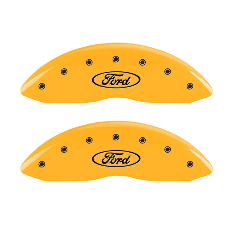 Mgp Engraved 4-Piston Caliper Covers – Ford Oval Logo, Yellow Finish On Black Background 1