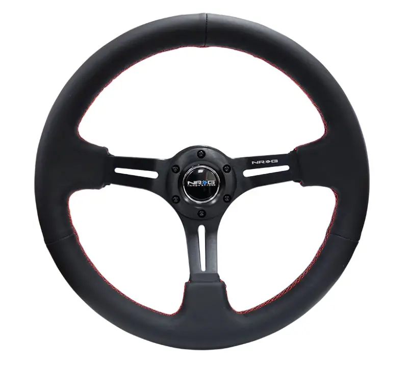 Nrg Reinforced 350Mm Steering Wheel – 3-Inch Deep, Black Leather With Red Stitching, 3-Spoke Design With Vent Slits 1